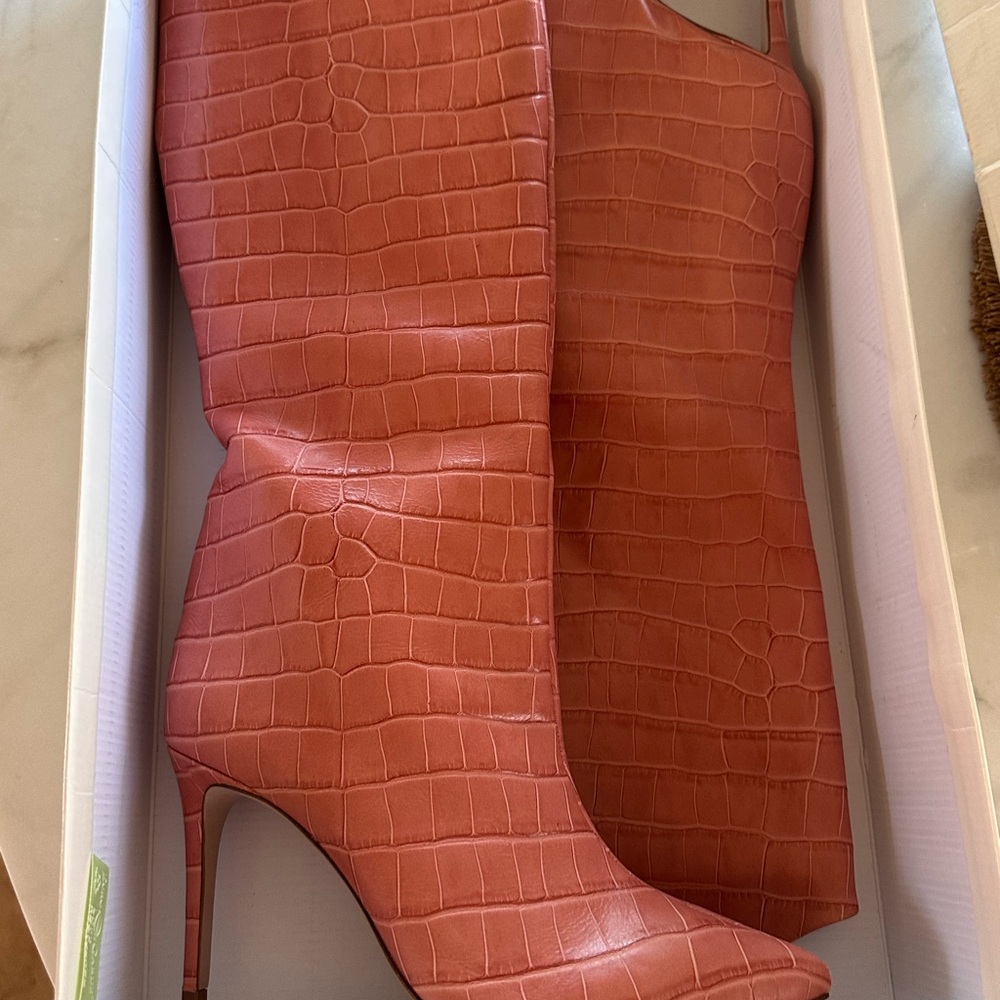 SCHUTZ Women's Croc-Embossed Coral Heeled Boots - Picture 2 of 9